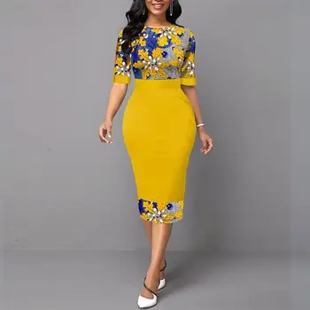  Kvetinový Tlač Patchwork Žltá Elegantné Office Lady Šaty Pre Ženy 2020 Módne O Krk Slim Business Formálne Šaty Strany Vestidos